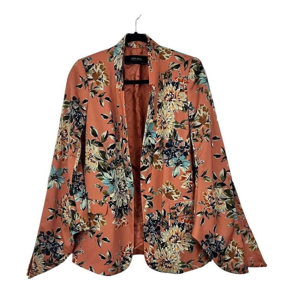 Zara Womens Size Small Peach Floral Split Bell Sleeve Jacket Blazer